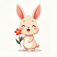 Fototapeta premium Cheerful Cartoon Bunny with Happy Expression Holding Red Flower against White Background
