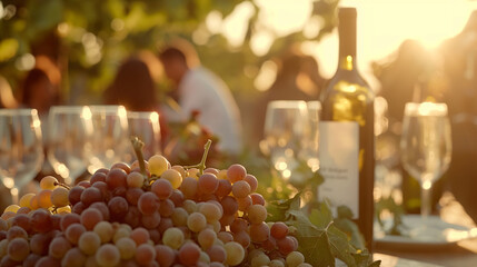 Wine bottles and grapes on table at sunset vineyard.