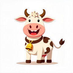 Obraz premium Cheerful Cartoon Cow Smiling with Bell Against White Background