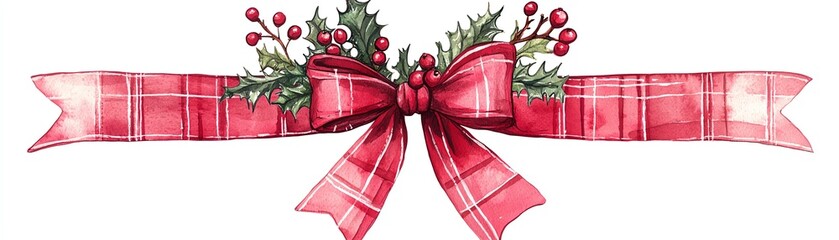 A festive red ribbon adorned with greenery and berries, perfect for holiday decorations and seasonal crafts.