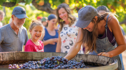 Fototapeta premium Group of people grape stomping at an outdoor wine festival.