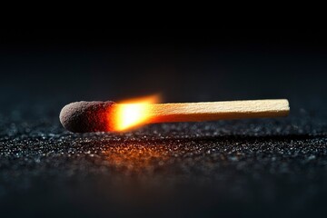 A Lit Matchstick on a Dark Surface with a Glowing Flame