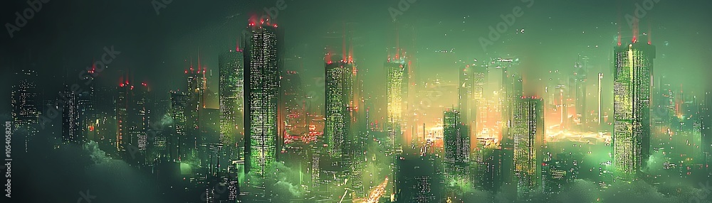 Poster a futuristic cityscape illuminated by neon lights, surrounded by a mysterious fog and towering skysc