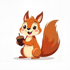 Obraz premium Cheerful Cartoon Squirrel Holding Acorn Against White Background