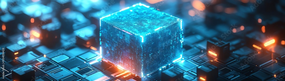 Aufkleber a futuristic glowing cube surrounded by illuminated digital blocks, representing advanced technology