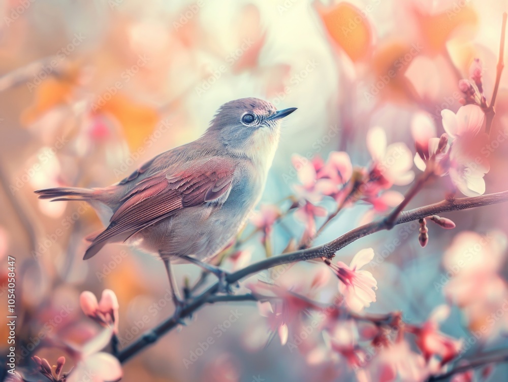 Poster bird is perched on a branch of a tree with pink flowers. the bird is small and brown. the image has 