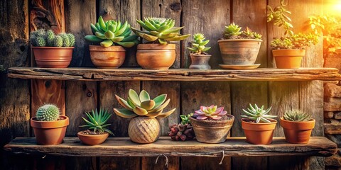 Fototapeta premium Rustic Wooden Shelves Displaying an Array of Succulents in Terracotta Pots Against a Sun-Drenched Wooden Background