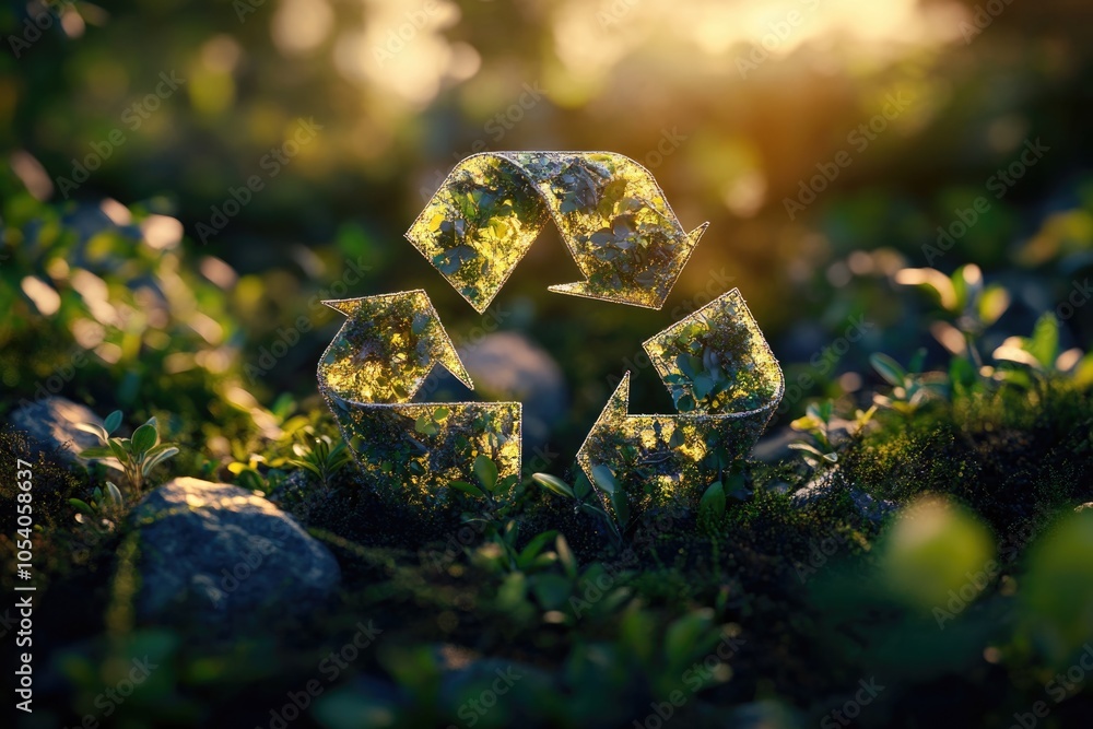 Poster green leafy circle with arrows pointing to it. the circle is surrounded by rocks and grass