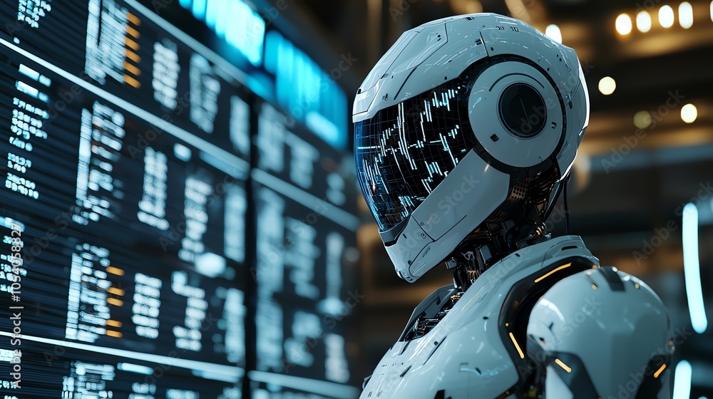 Poster a futuristic robot standing against a high-tech backdrop, showcasing advanced technology and sleek d