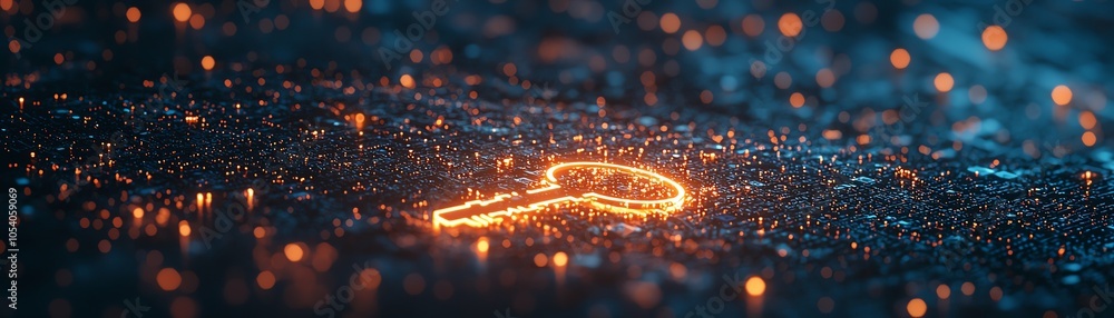 Poster a glowing key shape illuminated on a textured surface, representing mystery, security, and access in