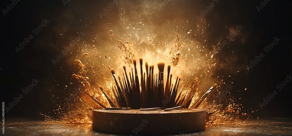 Poster a cluster of makeup brushes in a circular holder with gold dust exploding from them, lit from behind