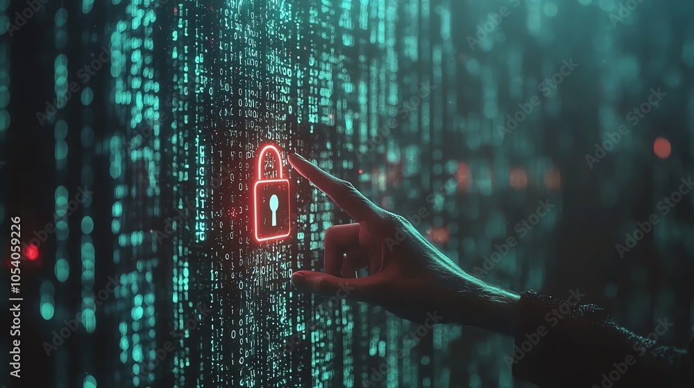 Poster a hand interacts with a glowing red lock icon on a digital matrix background, symbolizing cybersecur