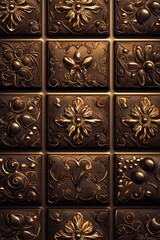 Gold and brown tile wall with floral designs. The tiles are gold and brown and have a very ornate look
