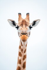 Obraz premium Giraffe is looking at the camera with its mouth open. The giraffe is the main focus of the image, and it is curious or playful. The white background adds a sense of contrast