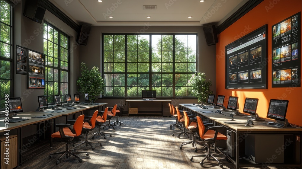 Poster modern office space with computers and large windows for collaboration.