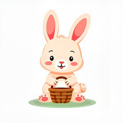 Fototapeta premium Cute Cartoon Bunny with Happy Expression Holding Basket on Green Ground