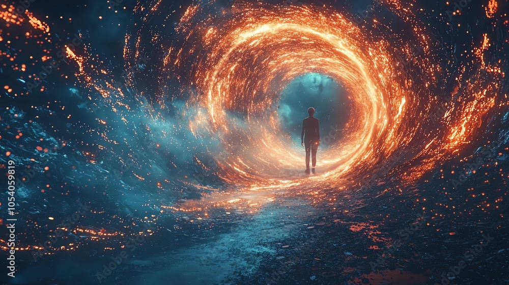 Poster a mesmerizing portal of light and color, inviting exploration into the unknown with a solitary figur