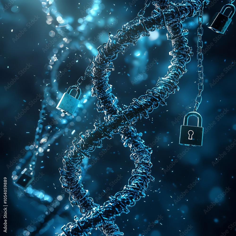 Poster a mesmerizing spiral of chains and locks, representing security and protection in a digital or genet