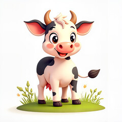 Fototapeta premium Cute Cartoon Cow with Cheerful Expression Standing on Grassy Patch