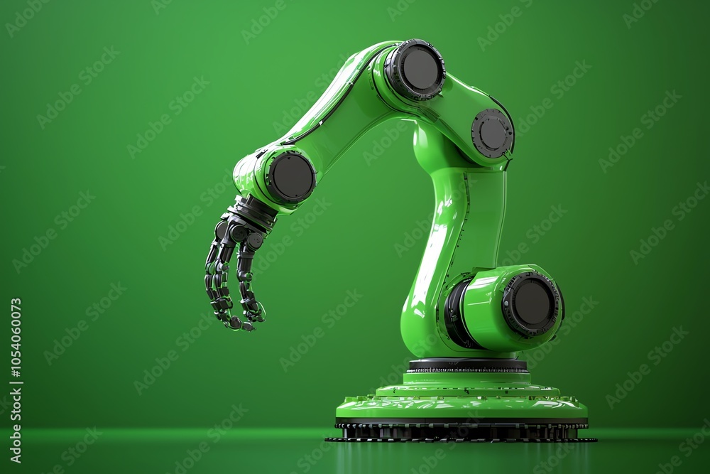 Poster a modern green robotic arm on a reflective surface, symbolizing innovation and advanced technology i