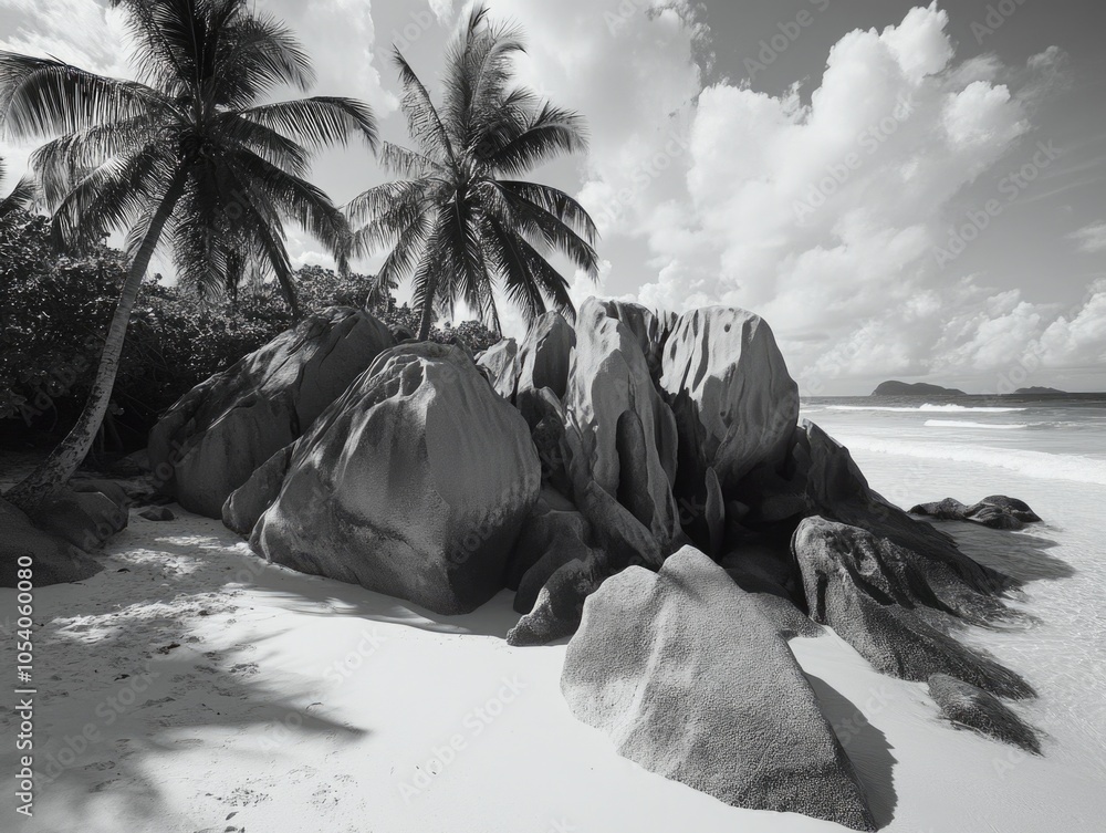 Poster the image is a black and white photo of a beach with palm trees and rocks. the beach is empty, and t