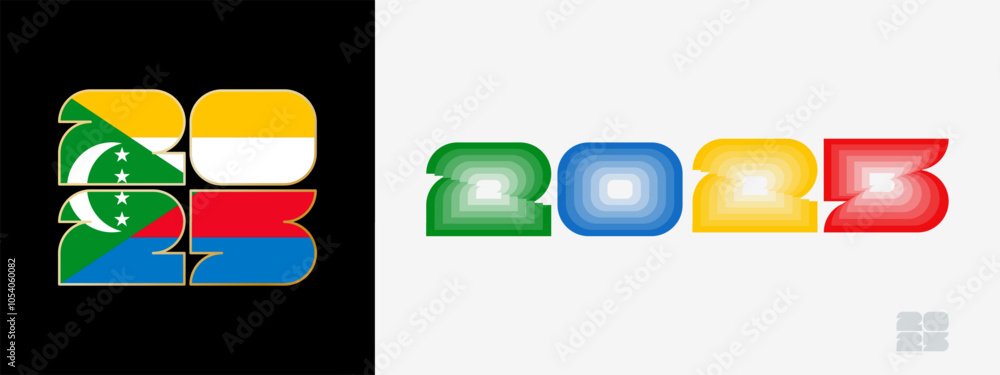 Fototapete year 2025 with flag of comoros and in color palate of comoros flag. happy new year 2025 in two diffe