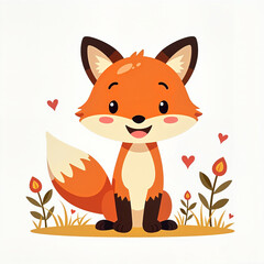 Obraz premium Cute Cartoon Fox with Happy Expression Sitting Amidst Hearts and Flowers
