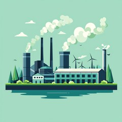 Obraz premium A modern industrial landscape featuring factories, wind turbines, and a serene environment with smoke and greenery.