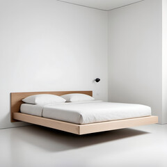 Minimalist Floating Bed Frame &ndash; A bed frame with hidden supports, giving the illusion of floating, with a simple headboard and clean lines, set on a white background.