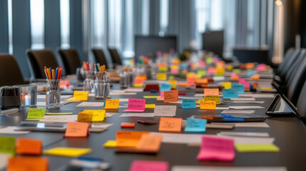 vibrant brainstorming session is captured with colorful sticky notes scattered across conference table, surrounded by pens and glasses of water, creating energetic atmosphere
