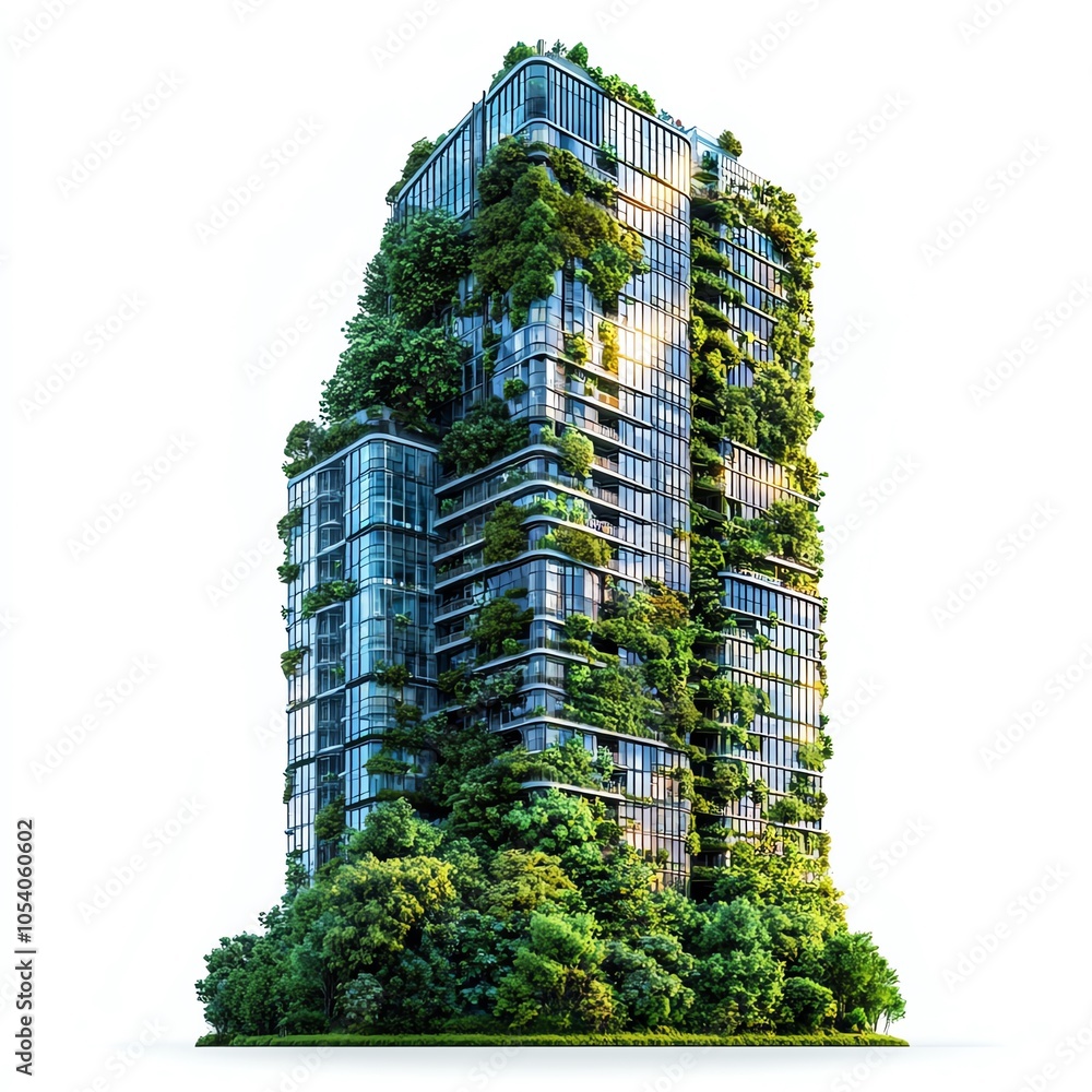 Poster a modern skyscraper adorned with lush greenery, showcasing the harmony of architecture and nature in