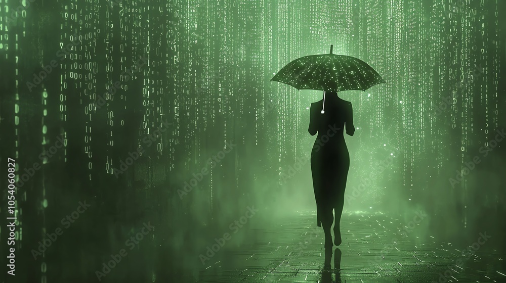Poster a mysterious figure walks with an umbrella in a digital rain of green light, creating an enchanting 