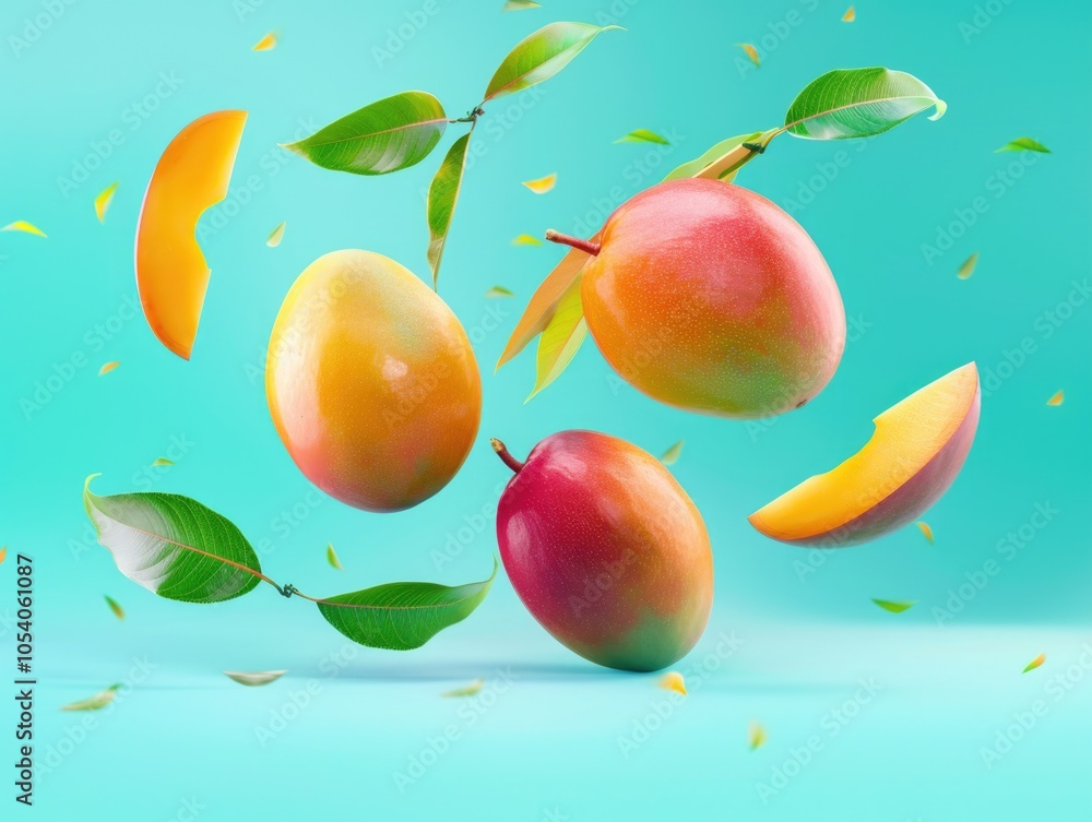 Poster close up of a mango with a leaf on it. the mango is cut in half and the leaf is still attached