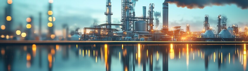 Obraz premium A scenic view of an industrial complex reflected in calm water, showcasing modern machinery and vibrant lights at dusk.