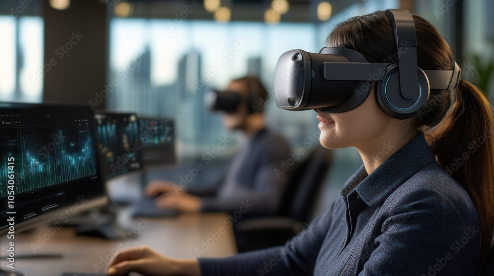 Poster immersive virtual reality experience with team members using advanced technology in modern office se