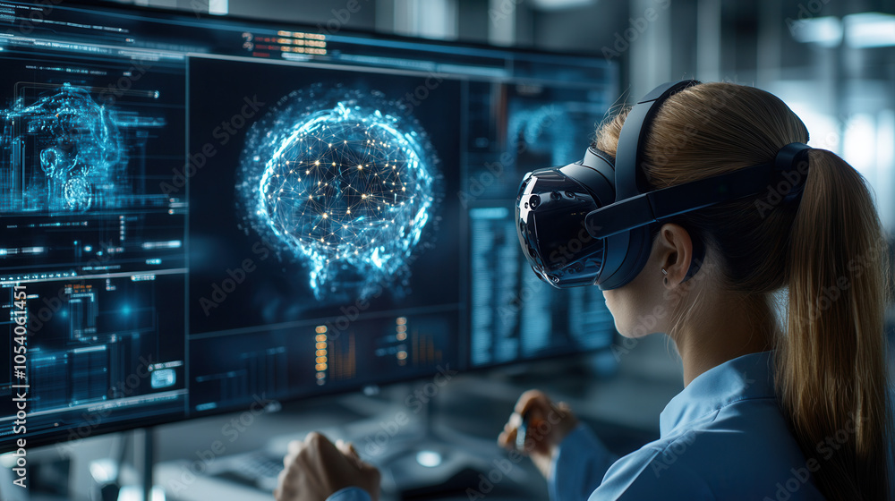 Poster woman using virtual reality technology to explore digital data visualizations, immersed in collabora