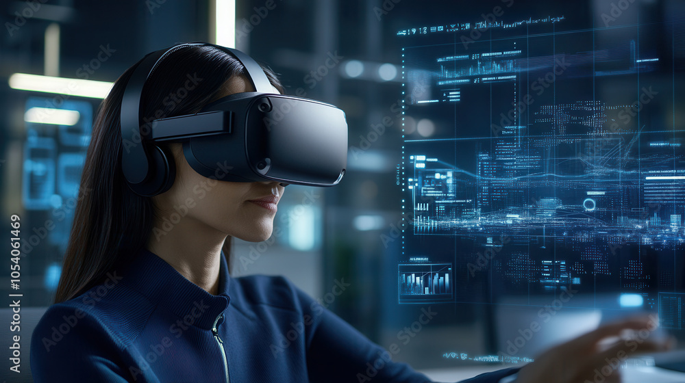 Poster immersive virtual reality experience with woman using vr headset, engaging with digital data and gra