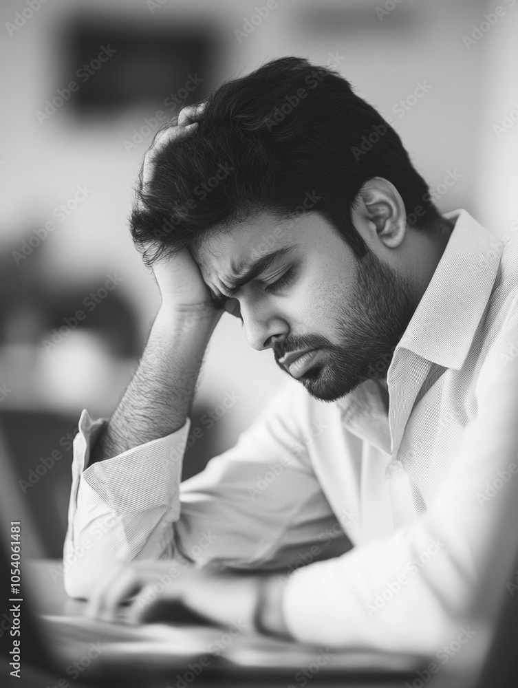 Poster man is sitting at a desk with a laptop in front of him. he is looking at the screen with a sad expre