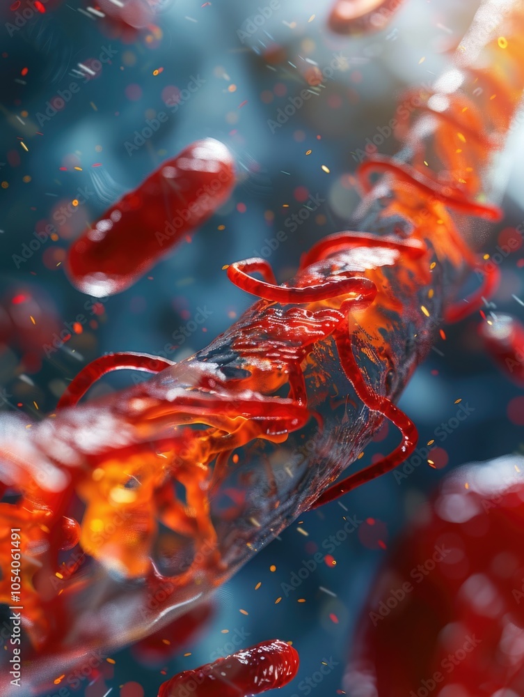 Poster Close up of a red and orange blob with a red line running through it. The image is of a virus or bacteria, and the red and orange colors give it a menacing and dangerous appearance