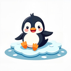Obraz premium Cute Cartoon Penguin Cheerfully Sitting on Ice Floe Against White Background