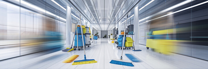 Blue and yellow cleaning equipment in a modern office hallway  showcasing the concept of cleanliness and hygiene   
