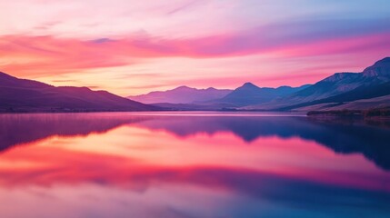 A stunning sunrise over a still lake, casting a vibrant pink and orange glow on the water and surrounding mountains.