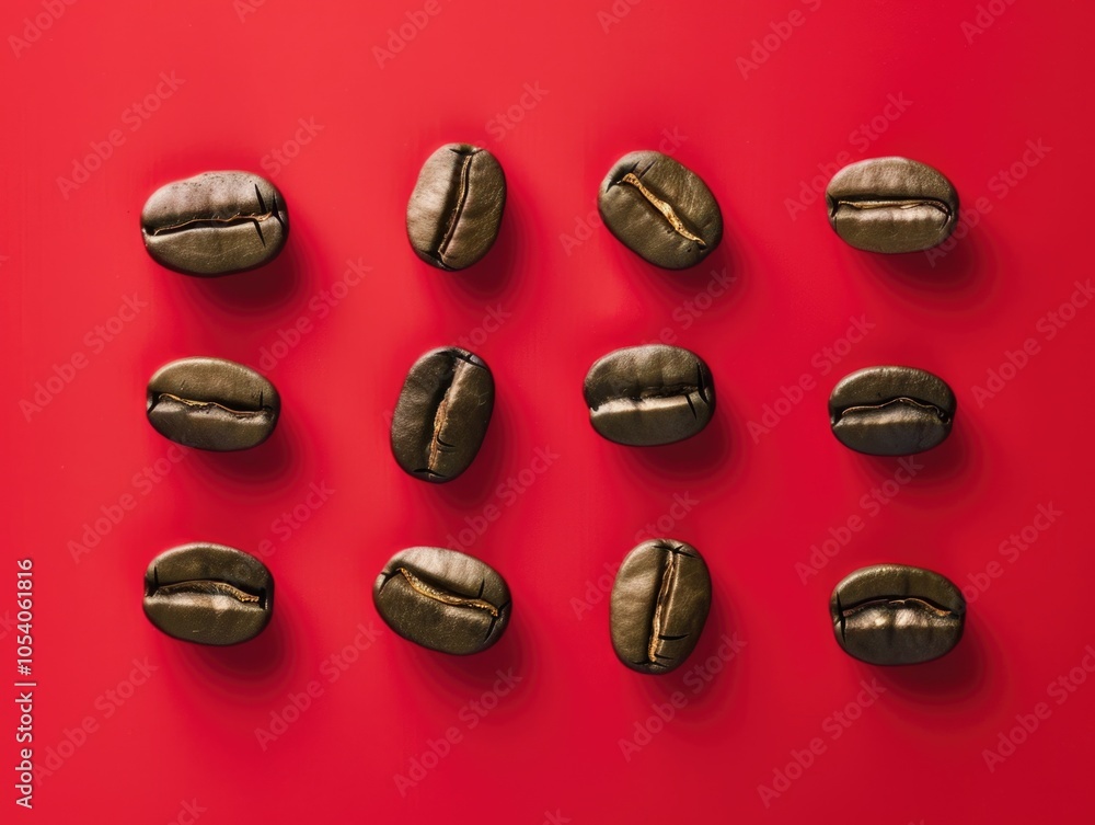 Poster close up of coffee beans on a red background. the beans are arranged in a pattern, with some overlap