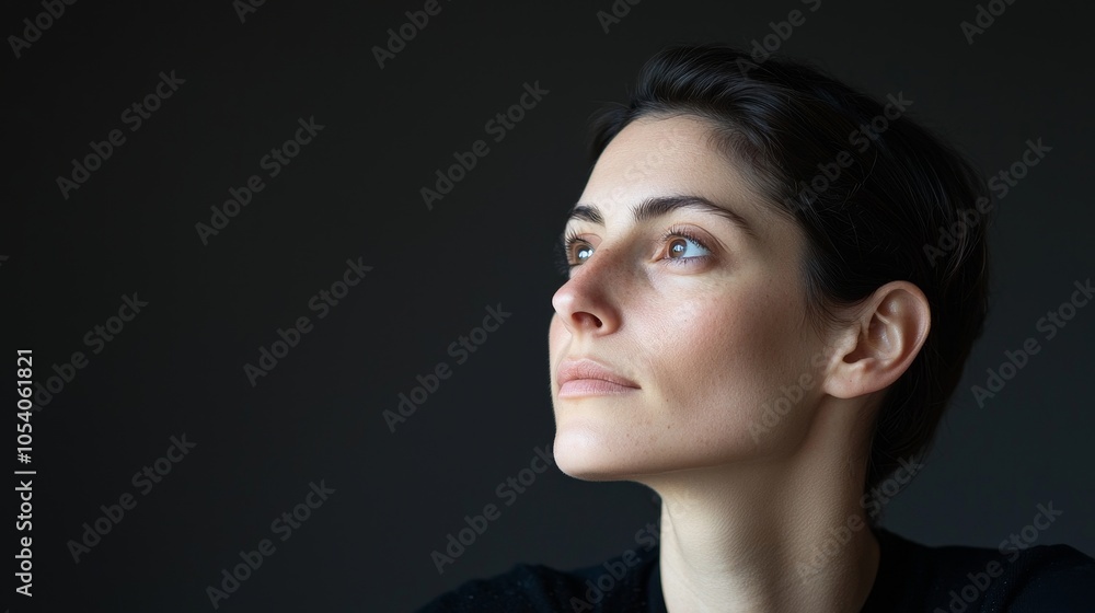 Poster introspective portrait of a woman gazing thoughtfully towards the light capturing a moment of reflec