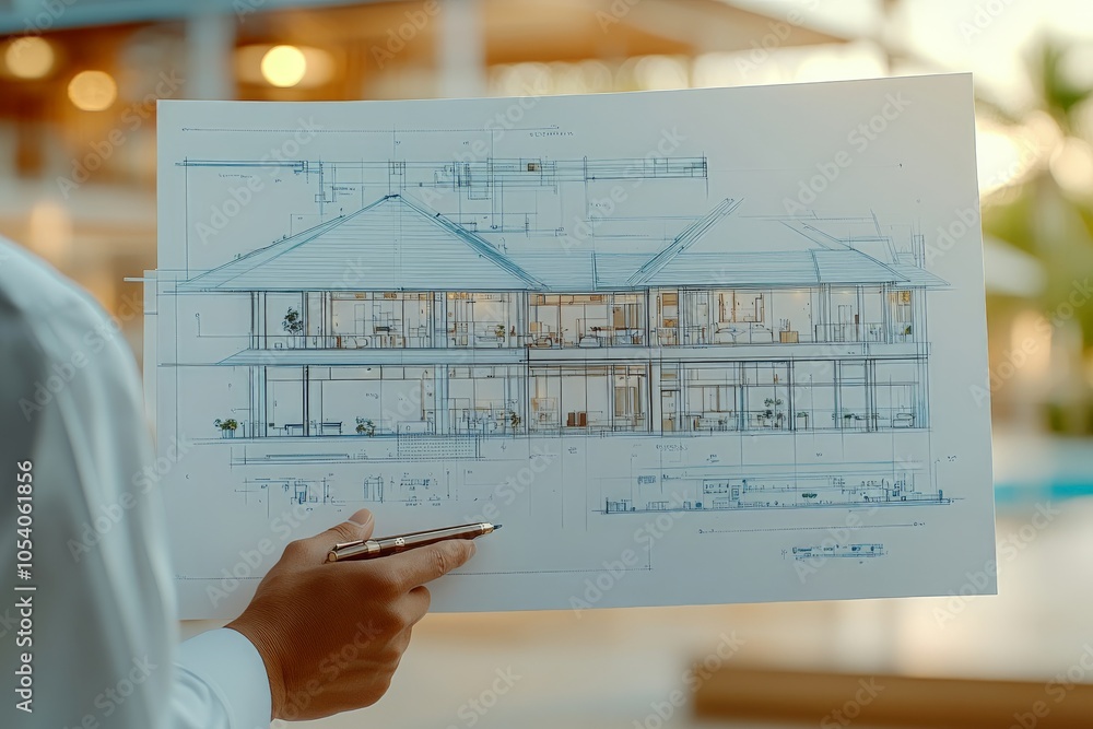 Poster Architect holding blueprint in a construction site focusing on building design and architectural planning during a projects execution phase emphasizing construction progress