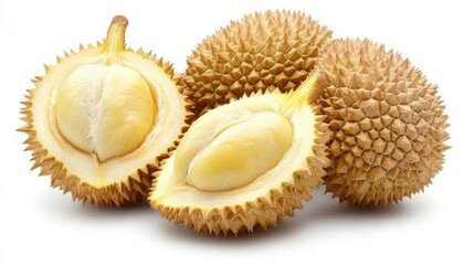 Naklejka premium Fresh durian fruit with spiky skin, cut open to reveal creamy yellow flesh, known as the king of fruits.
