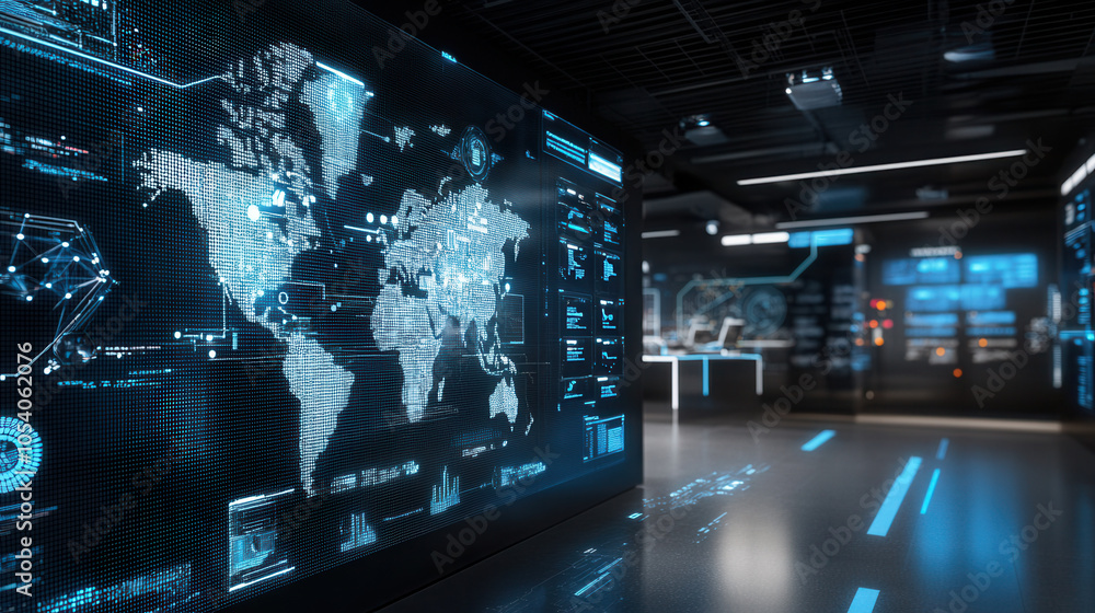 Poster modern creative workspace filled with advanced tech gadgets and digital displays, showcasing world m