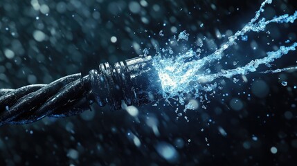 Damaged power cable with intense blue and white sparks in a dark, dramatic background, emphasizing the potential electrical hazard