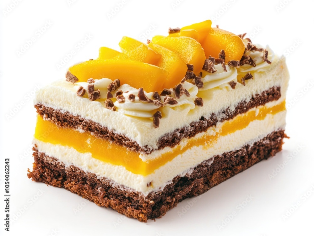 Poster slice of cake with chocolate and vanilla frosting and fruit on top. the cake is cut into layers and 