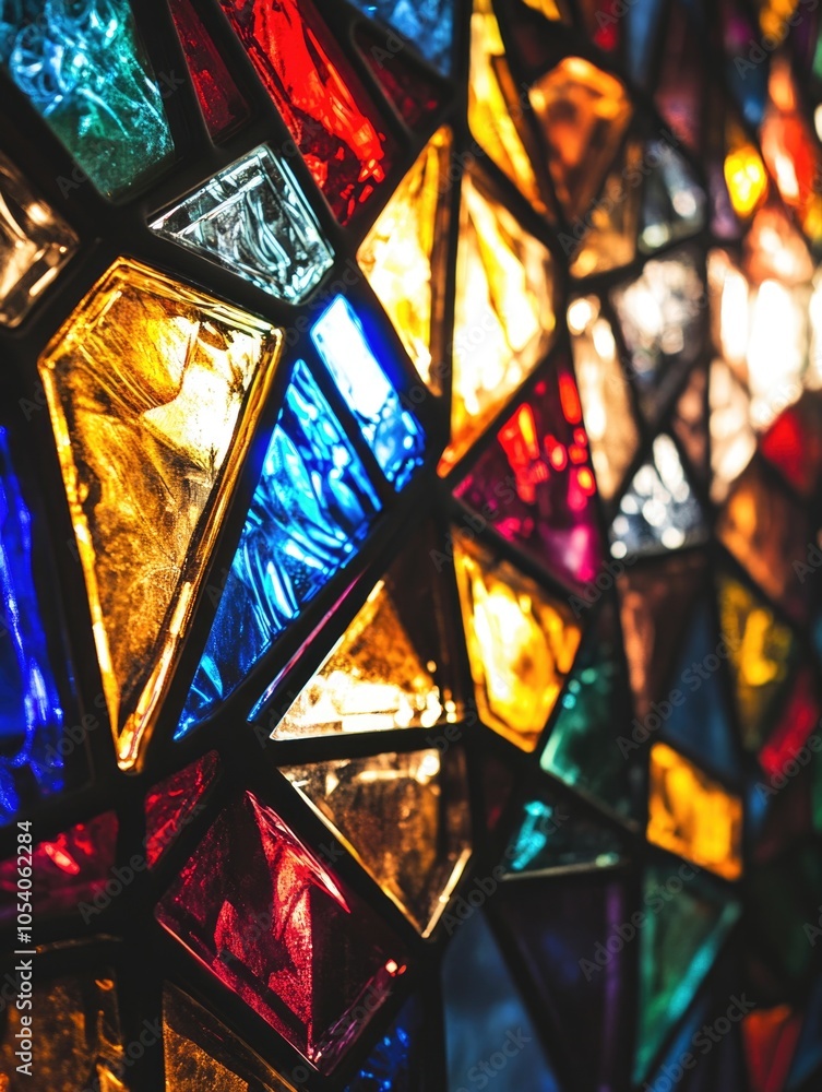 Poster colorful stained glass window with many different colored pieces. the window is made up of many diff